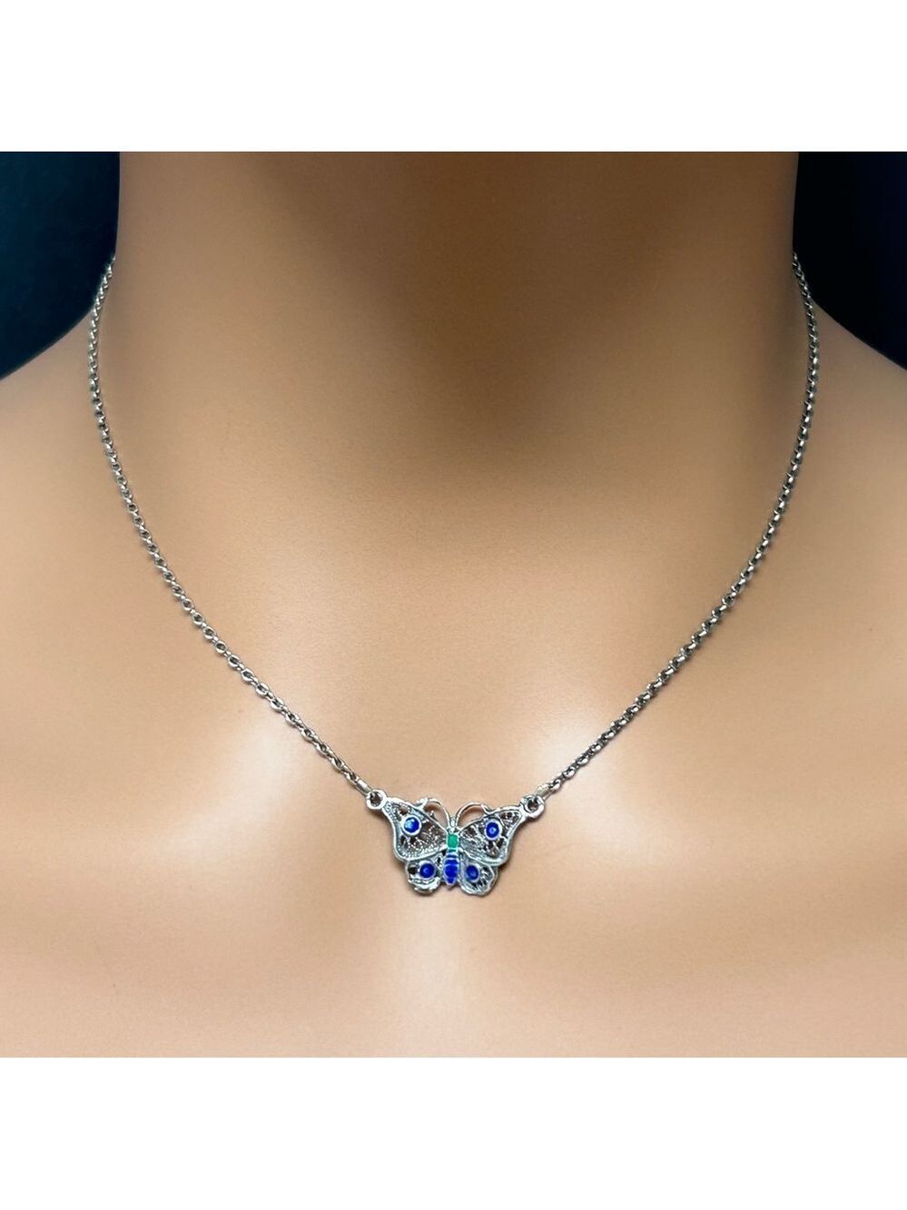Delicate Silver Blue Enameled Butterfly Pendant Necklace*